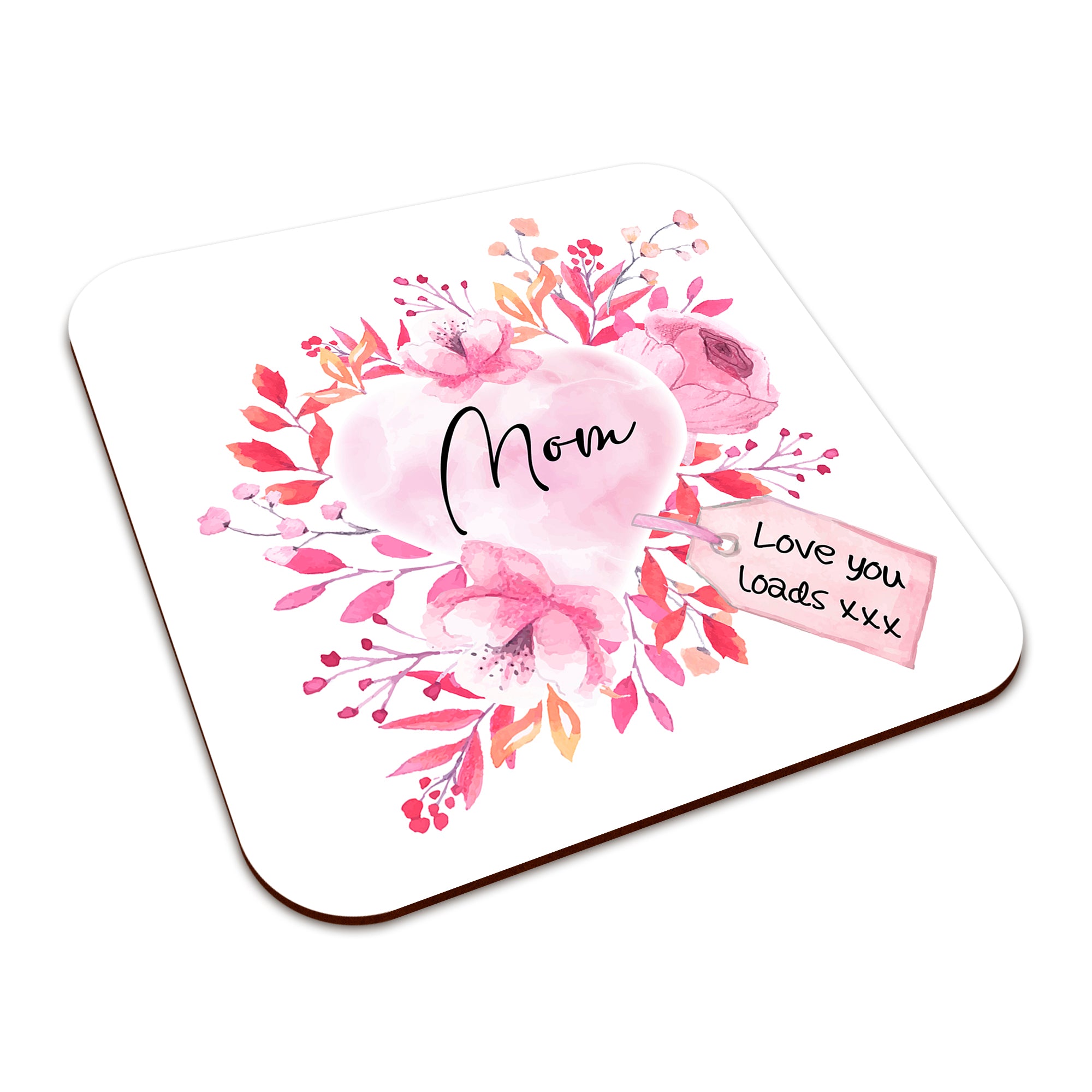 Floral Watercolour Heart With Tag (Relation) Square Smooth High-Gloss Finished Coaster