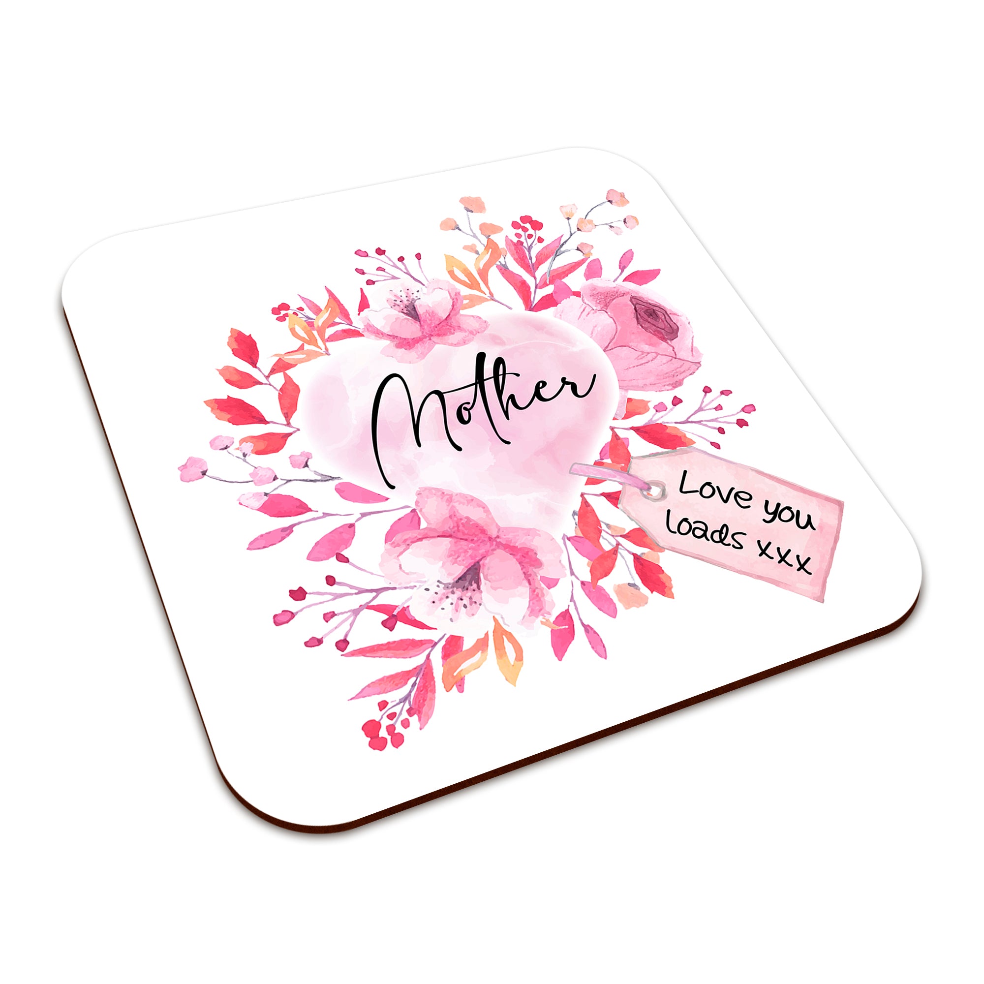 Floral Watercolour Heart With Tag (Relation) Square Smooth High-Gloss Finished Coaster