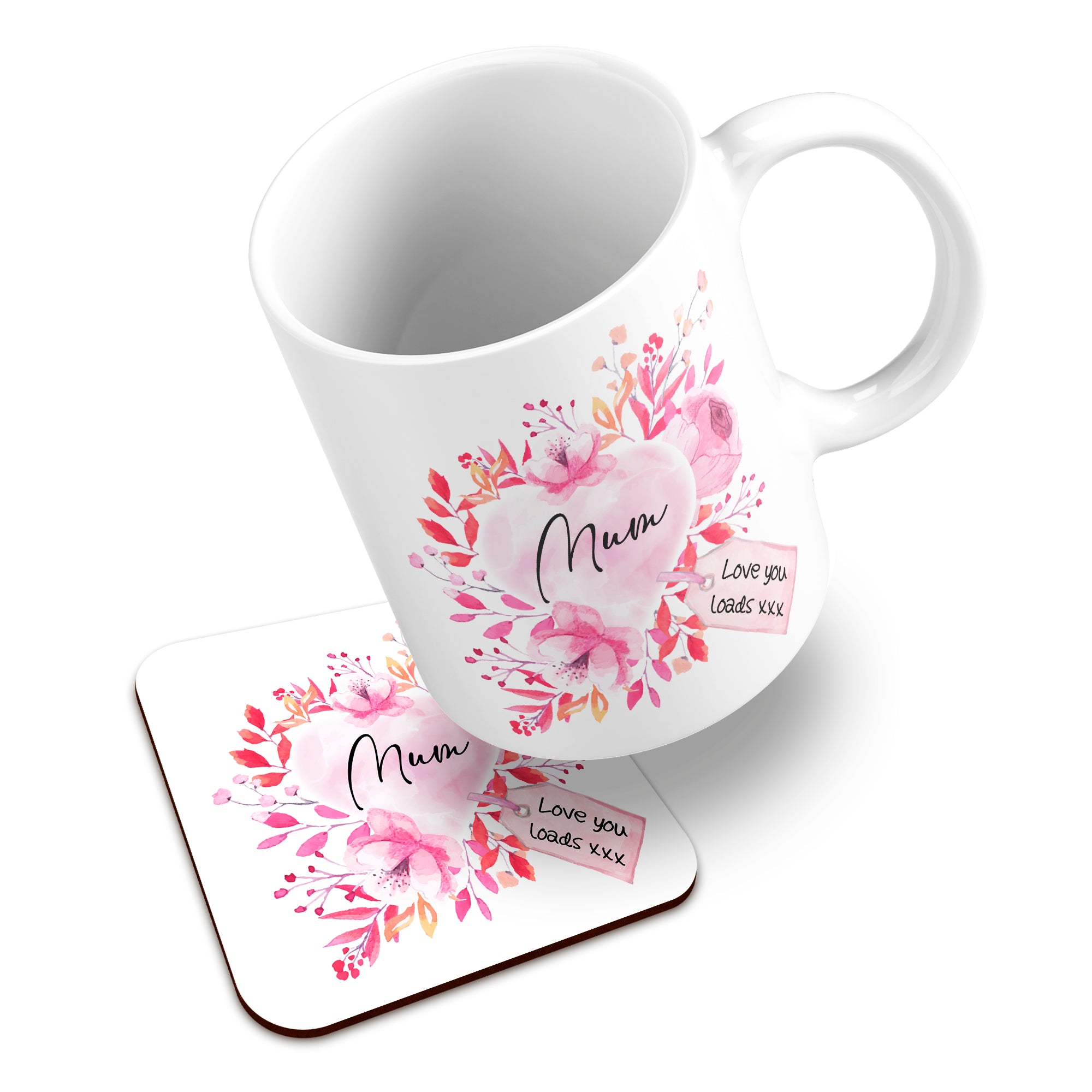 Floral Watercolour Heart With Tag (Relation) Ceramic Mug With High-Gloss Coaster