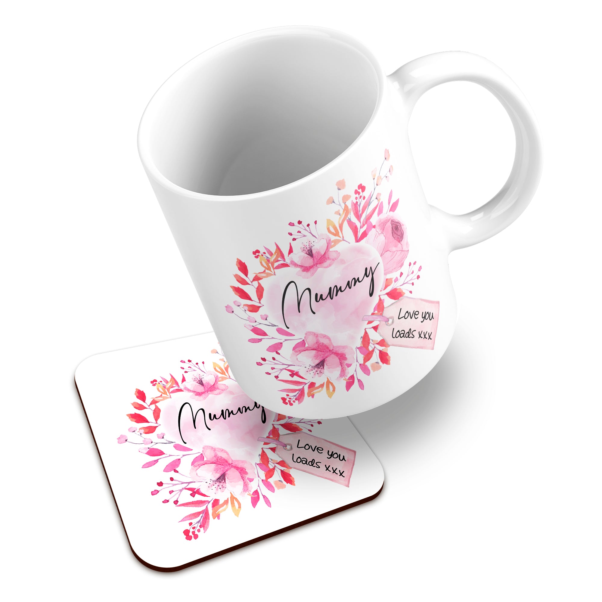 Floral Watercolour Heart With Tag (Relation) Ceramic Mug With High-Gloss Coaster