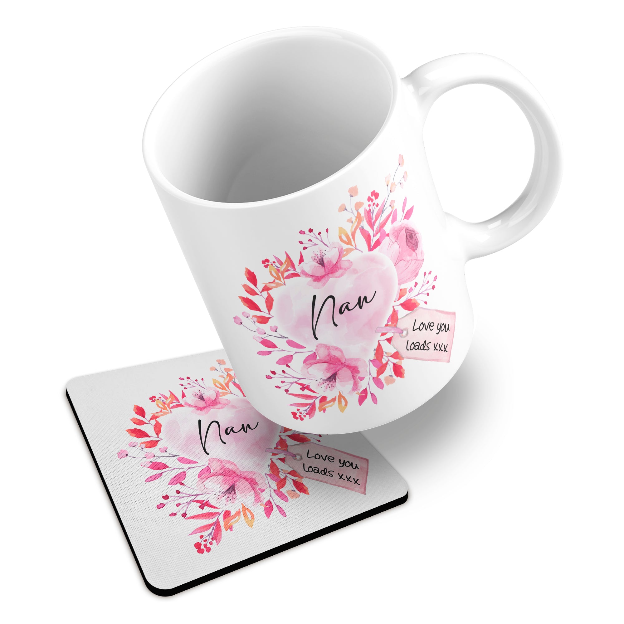 Floral Watercolour Heart With Tag (Relation) Ceramic Mug With Rubber Coaster