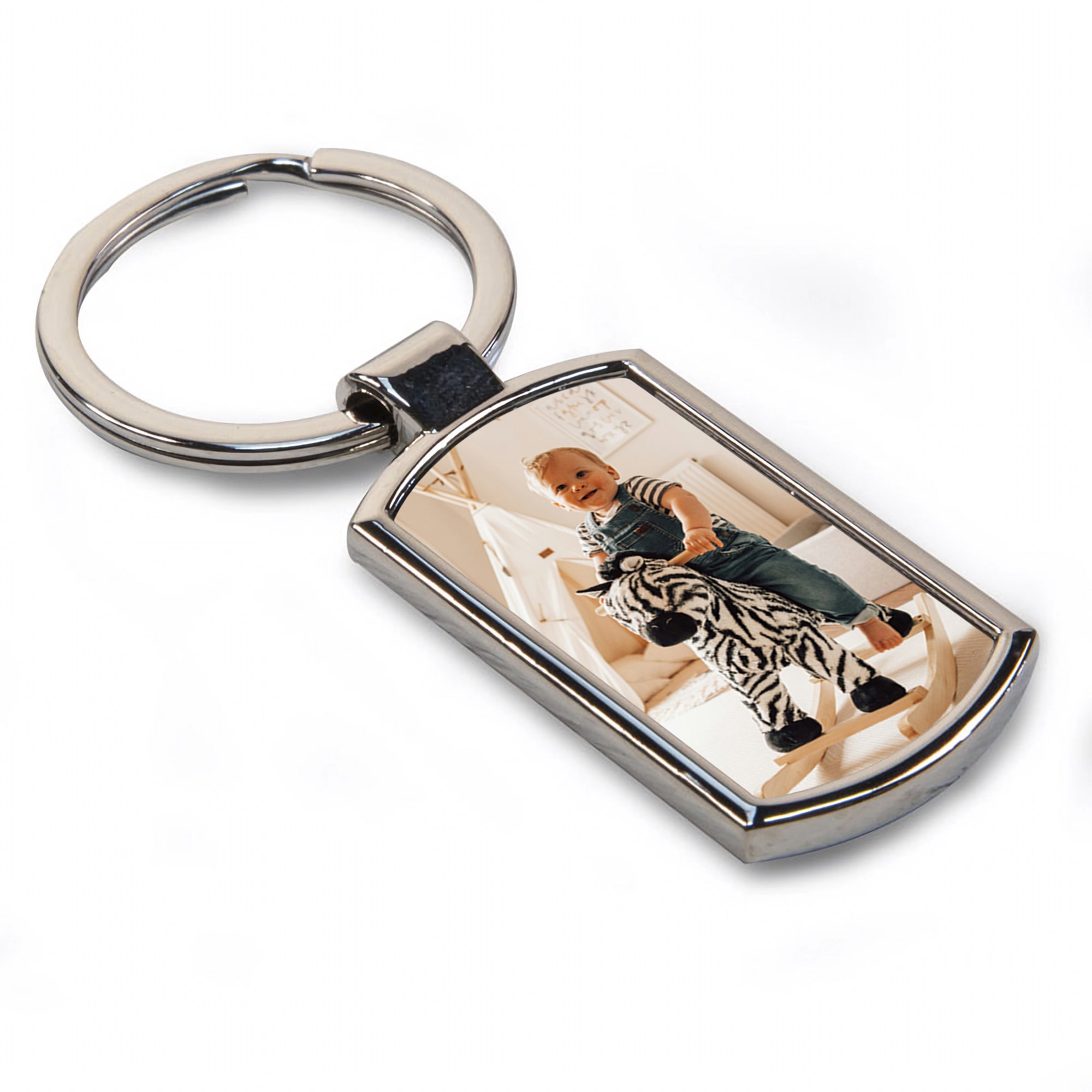 Personalised Any Image / Text Rectangle Metal Keyring (Curved Edge)