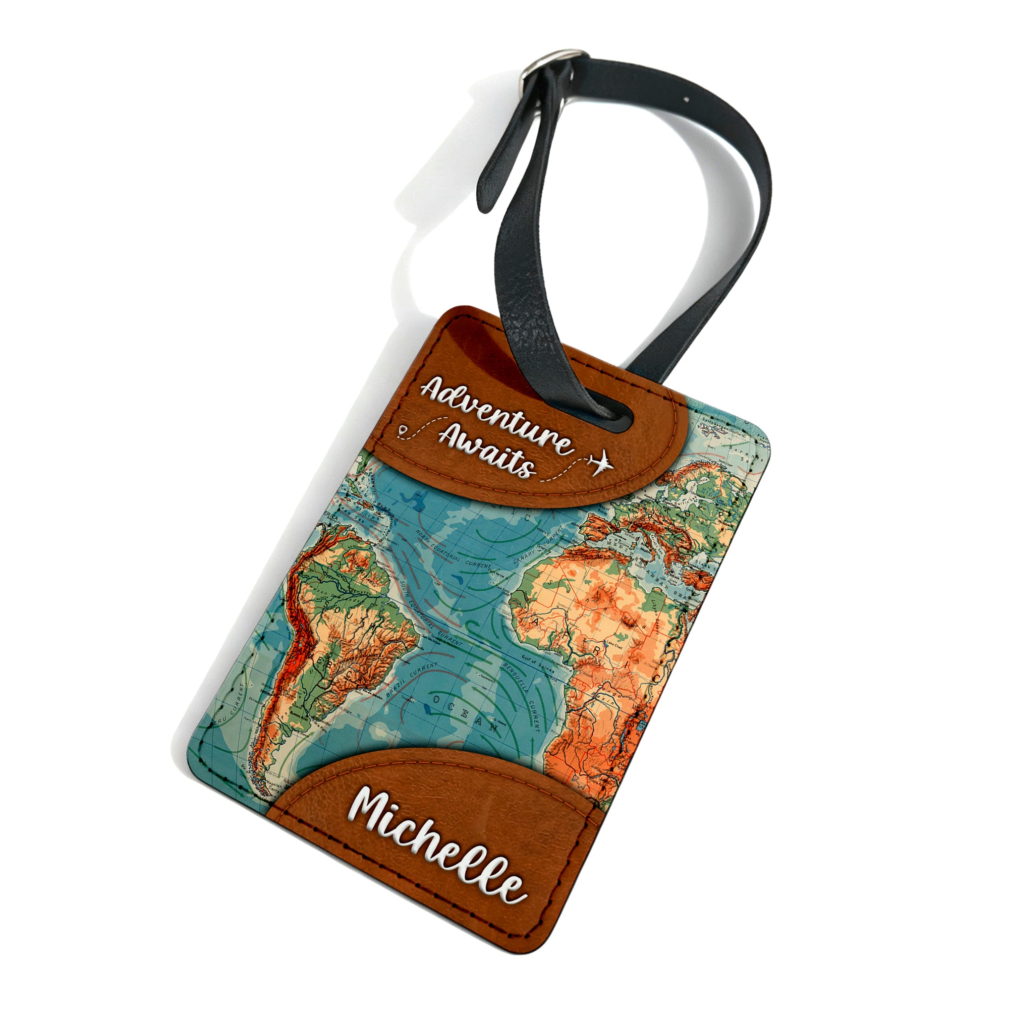 Personalised Adventure Awaits (World Map) PU Leather Luggage / Travel Bag Tag