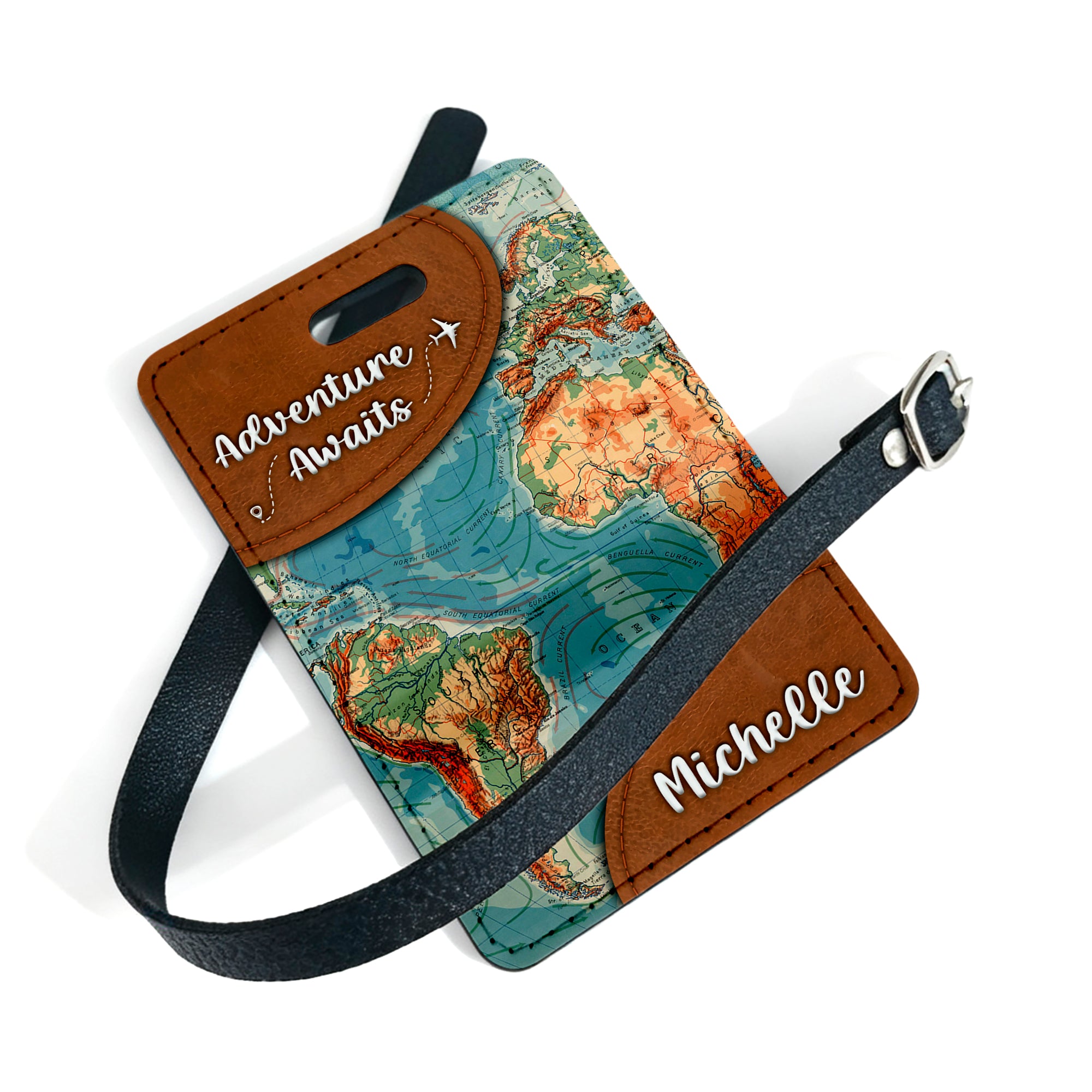Personalised Adventure Awaits (World Map) PU Leather Luggage / Travel Bag Tag