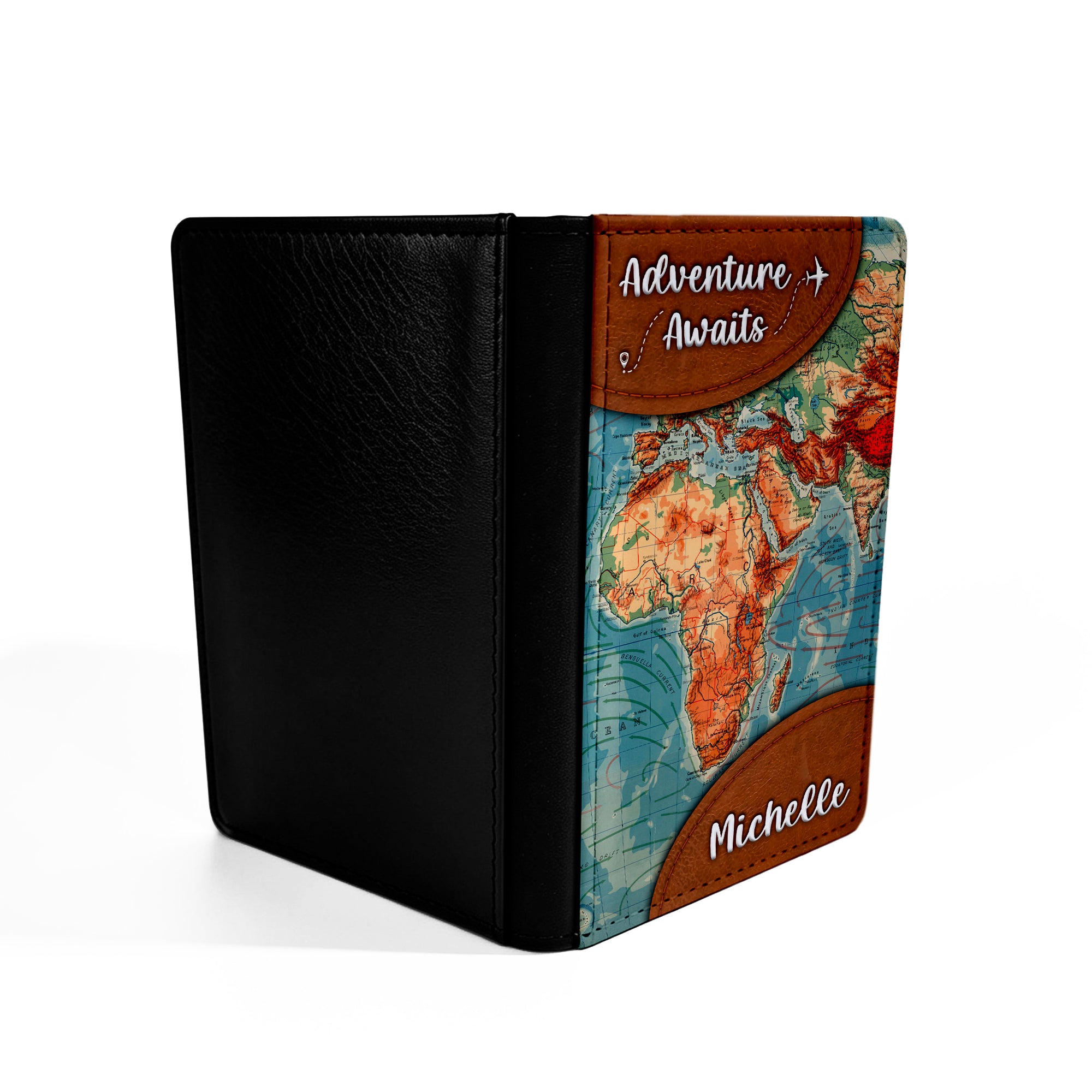 Personalised Adventure Awaits (World Map) Faux Leather Passport Holder / Cover