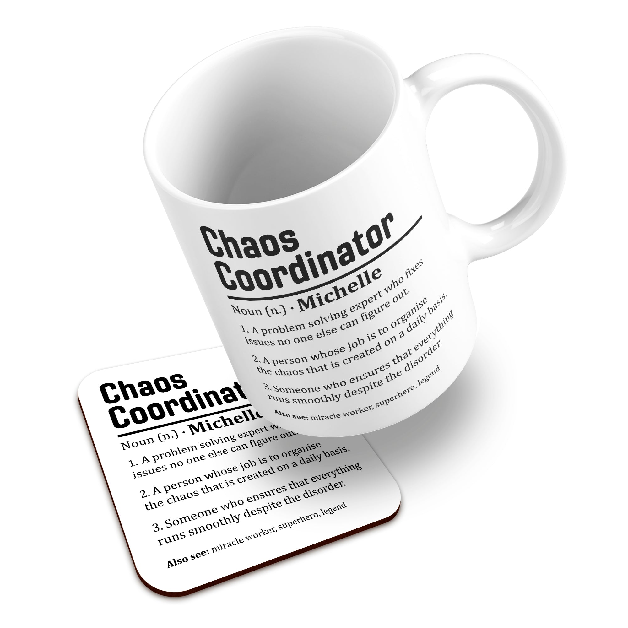 Personalised (Name) Chaos Coordinator Sarcastic Definition Ceramic Mug With High-Gloss Coaster