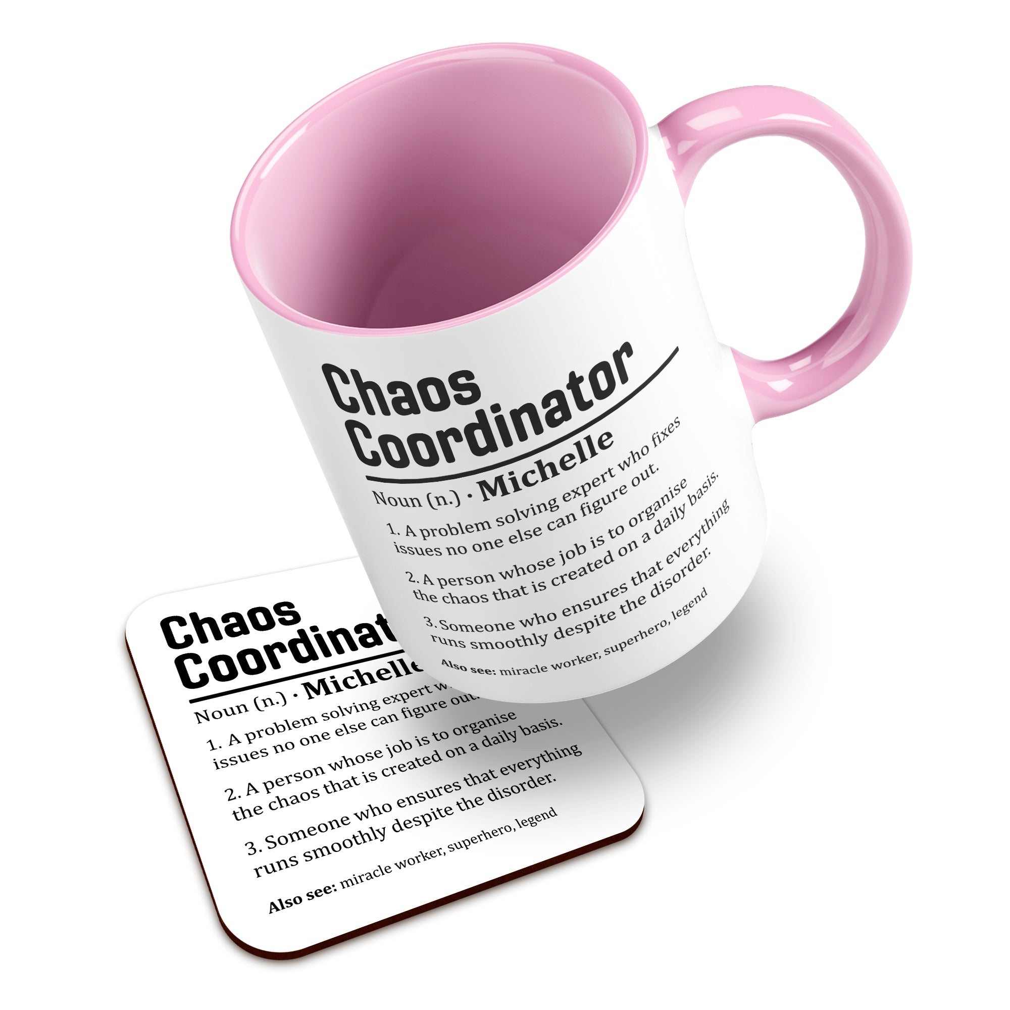 Personalised (Name) Chaos Coordinator Sarcastic Definition Ceramic Mug With High-Gloss Coaster