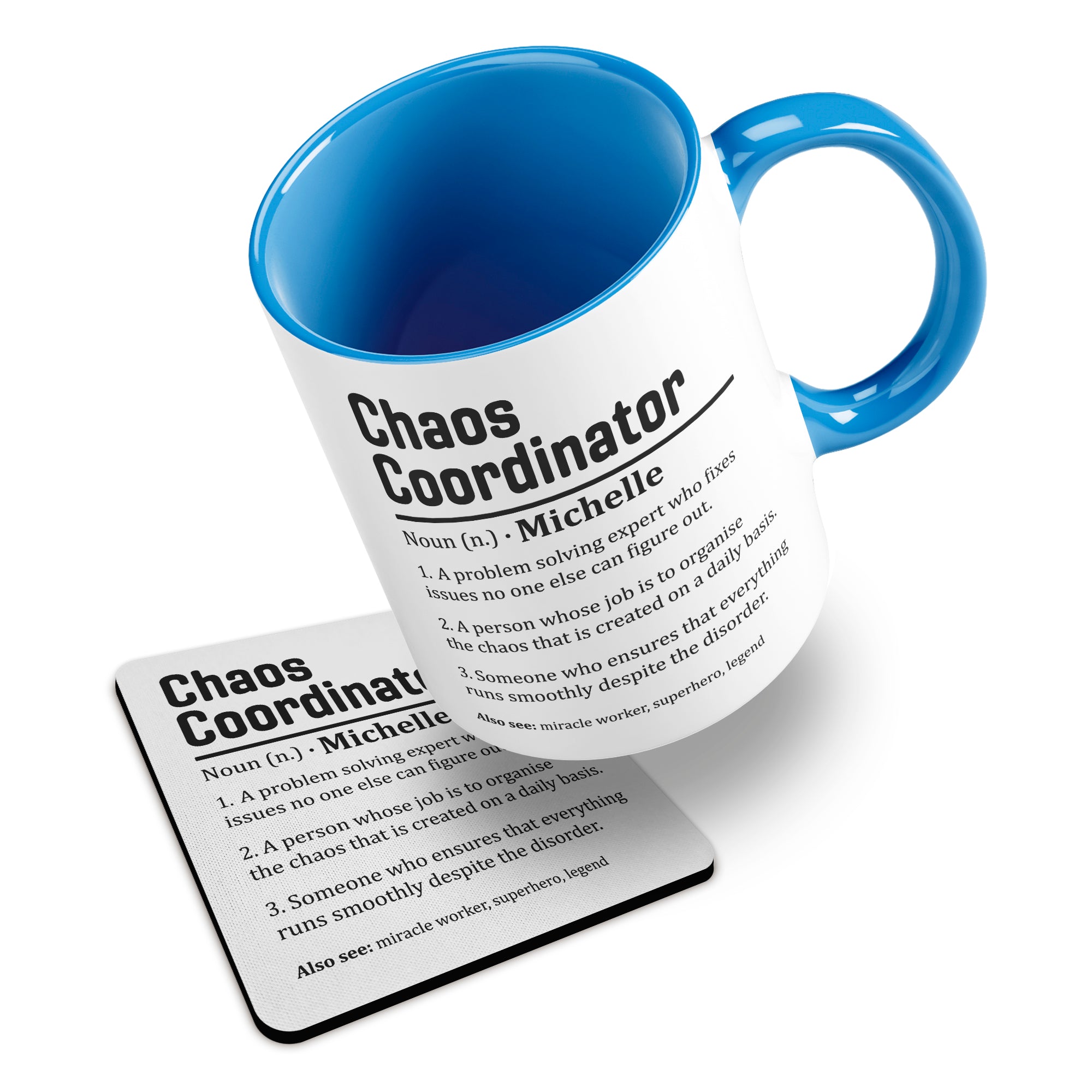 Personalised (Name) Chaos Coordinator Sarcastic Definition Ceramic Mug With Rubber Coaster