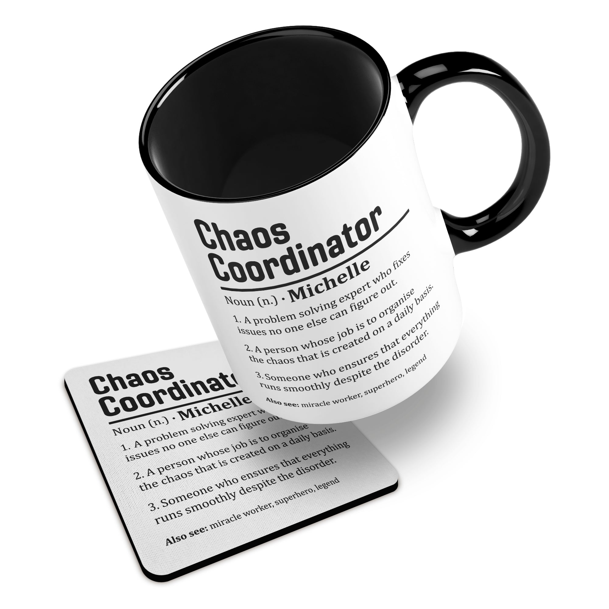 Personalised (Name) Chaos Coordinator Sarcastic Definition Ceramic Mug With Rubber Coaster