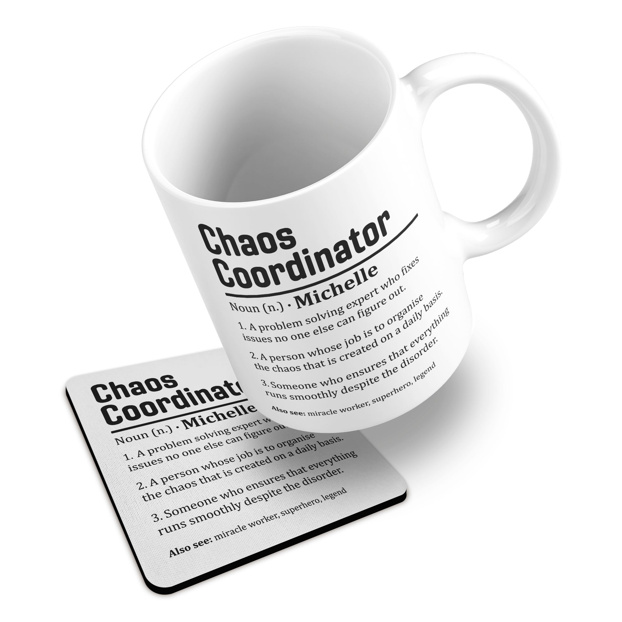 Personalised (Name) Chaos Coordinator Sarcastic Definition Ceramic Mug With Rubber Coaster