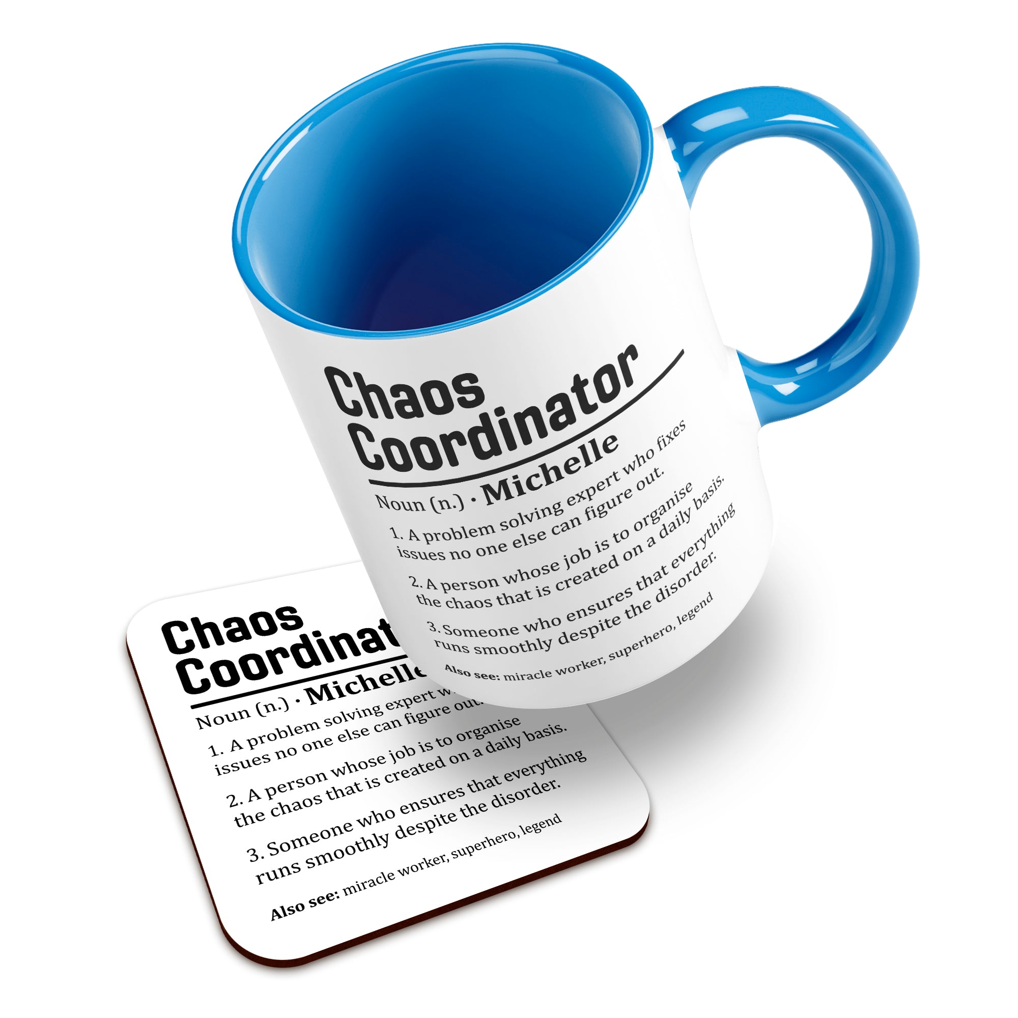 Personalised (Name) Chaos Coordinator Sarcastic Definition Ceramic Mug With High-Gloss Coaster
