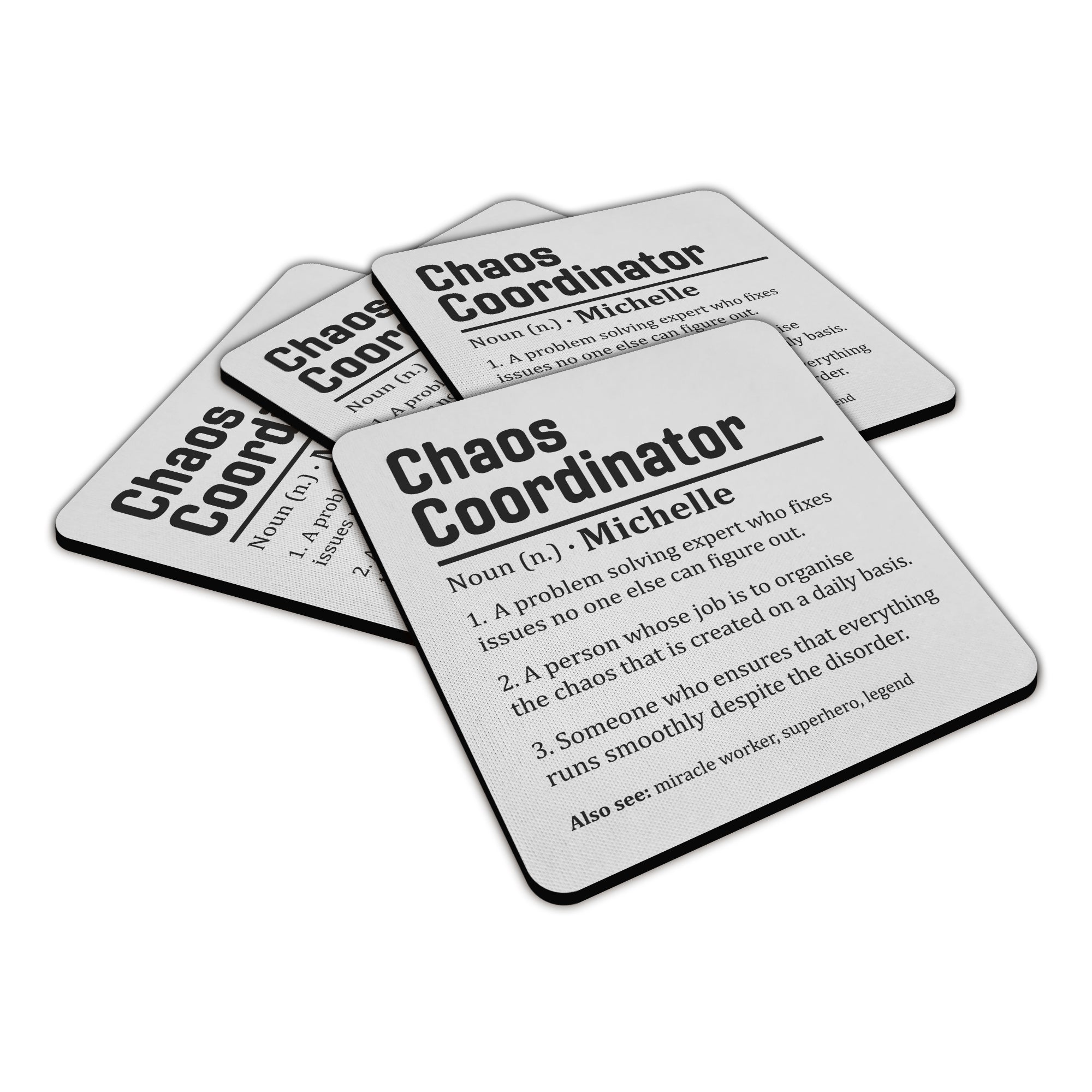 Personalised (Name) Chaos Coordinator Sarcastic Definition Square Fabric / Rubber Coaster