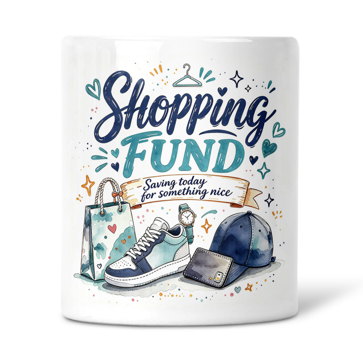 Shopping Fund (Blue Design) - Saving Today For Something Nice Ceramic Money Box