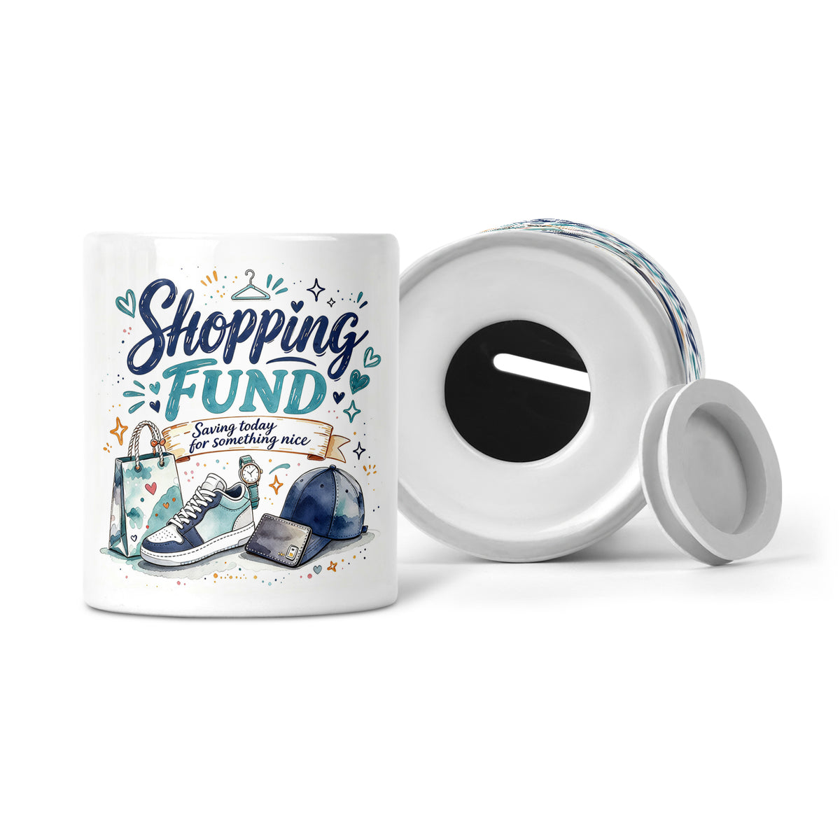 Shopping Fund (Blue Design) - Saving Today For Something Nice Ceramic Money Box