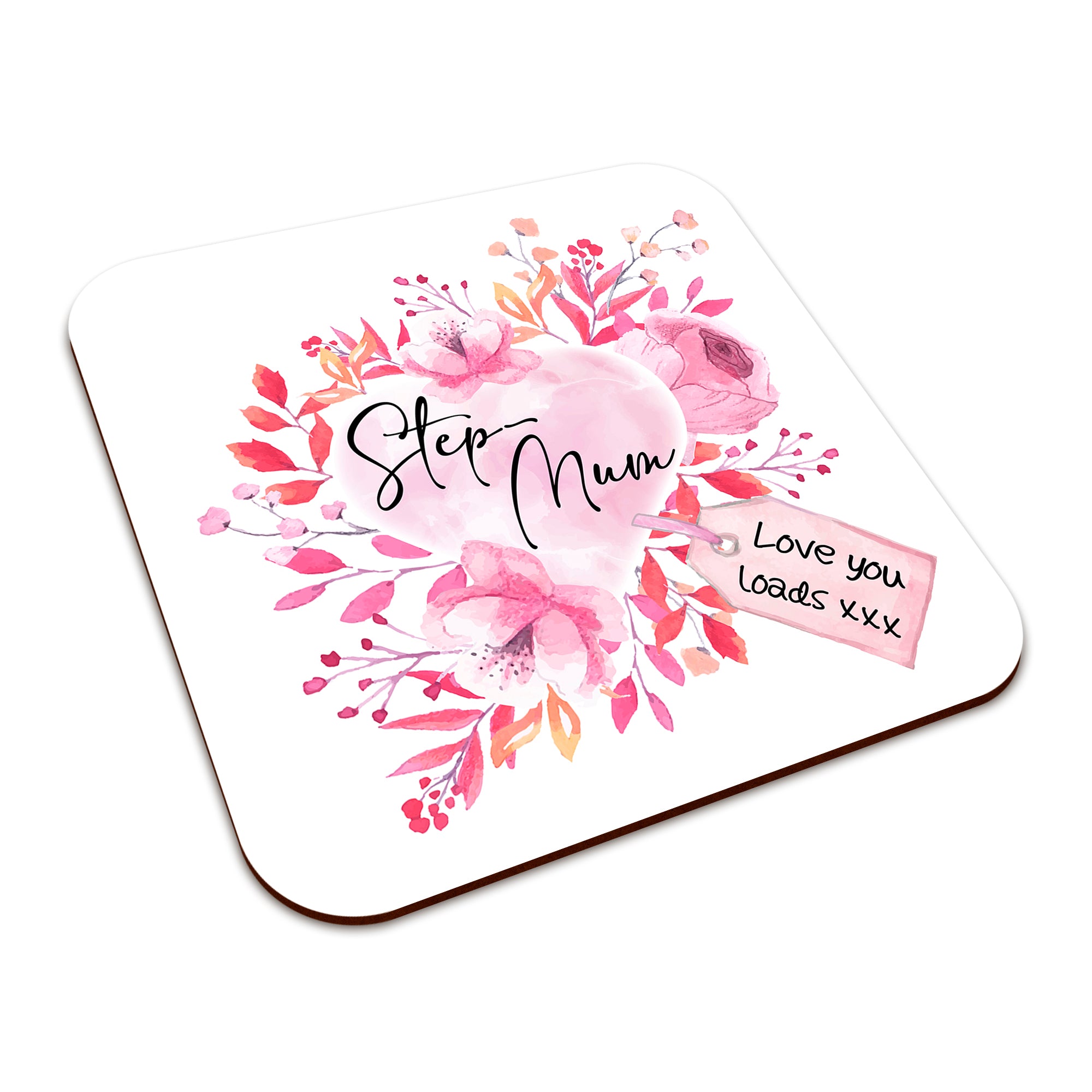 Floral Watercolour Heart With Tag (Relation) Square Smooth High-Gloss Finished Coaster