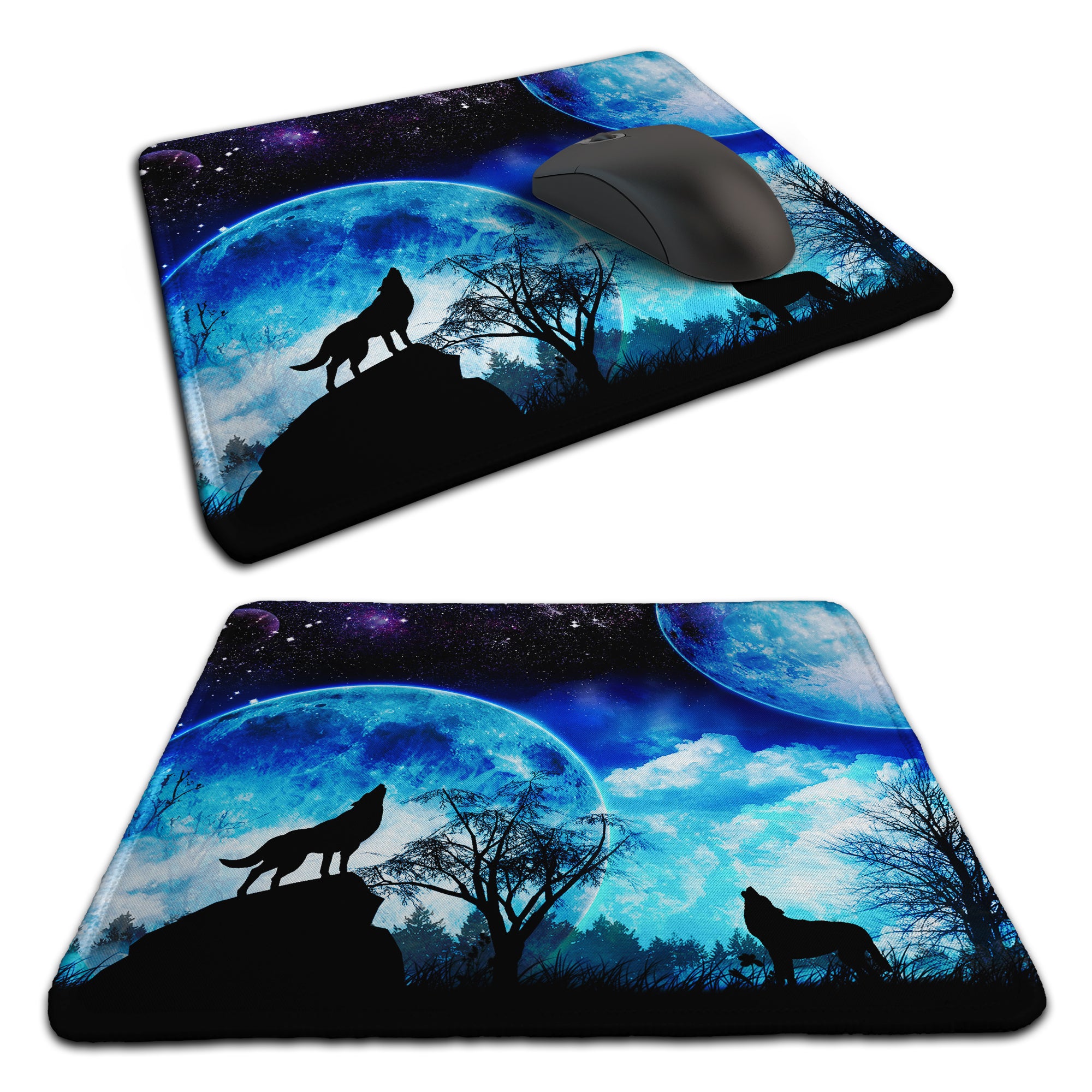 Wolves Howling Blue Moonlight Rubber Non-slip Computer PC Mousemat - Premium Stitched