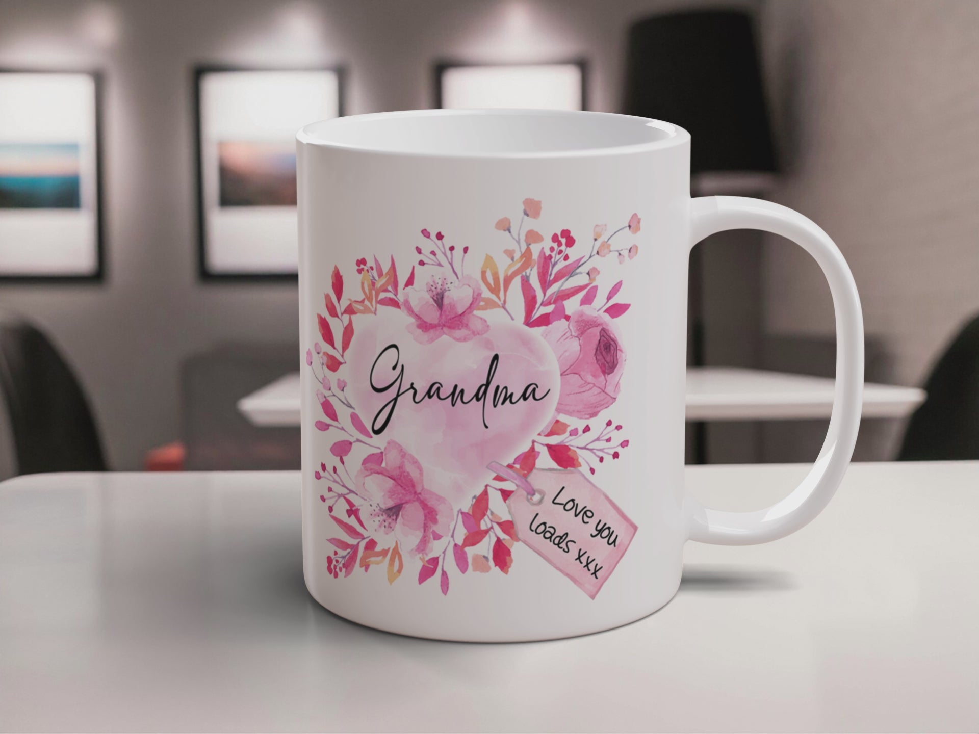 Floral Watercolour Heart With Tag (Relation) Ceramic Mug With Rubber Coaster